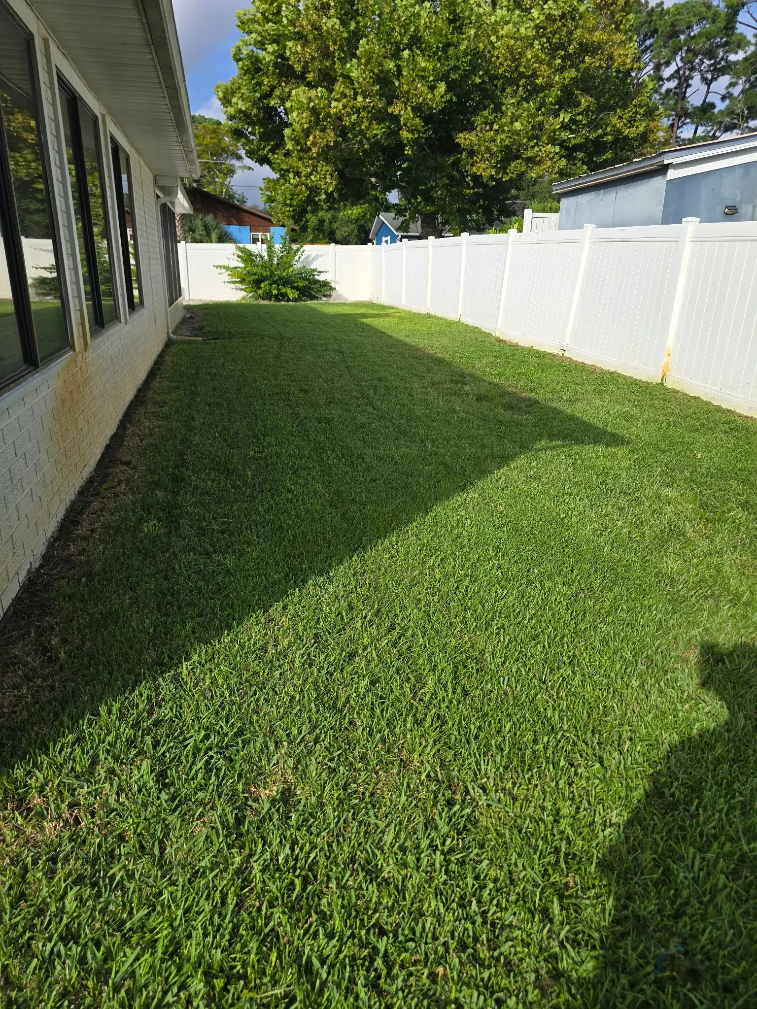 The same residential side yard freshly mowed with clean edges along the house and fence.