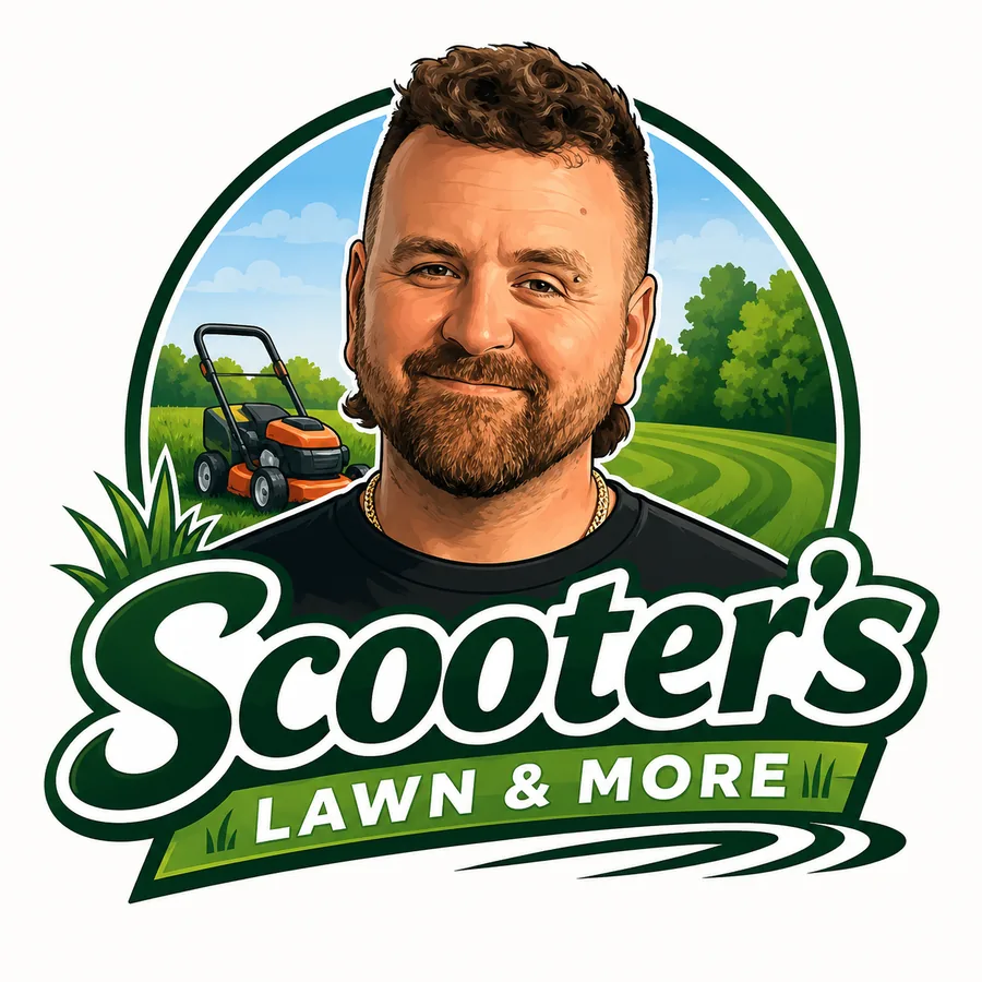 Illustrated Scooter’s Lawn & More portrait logo with a lawn mower and freshly cut grass